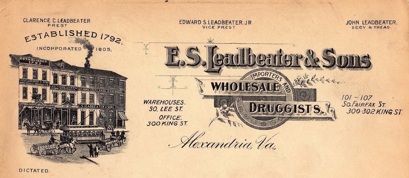 Leadbeater letterhead with engraving of Wholesale Druggists buildings.