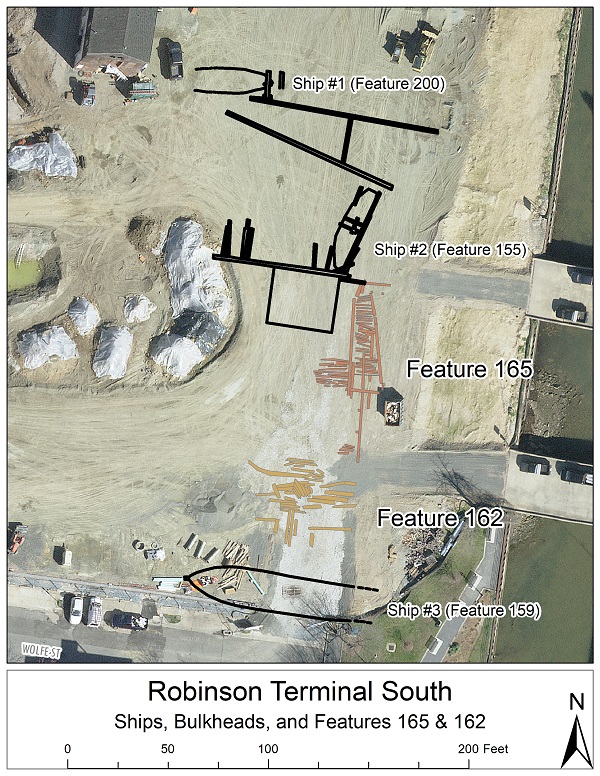 Aerial photograph of Robinson Terminal South site, with outlines of ships and wharves marked