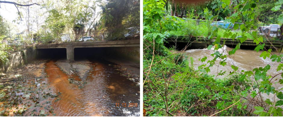 Photos of Hoofs Run during daily conditions and flooding conditions