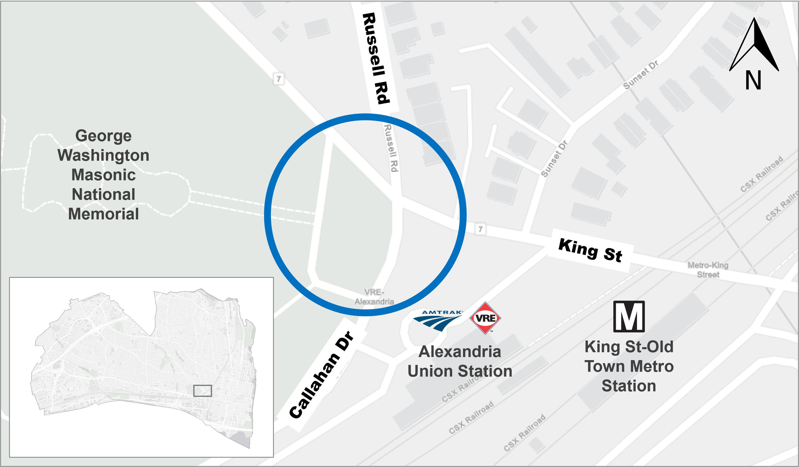 A map showing the intersection of King St, Callahan Dr, and Russell Rd