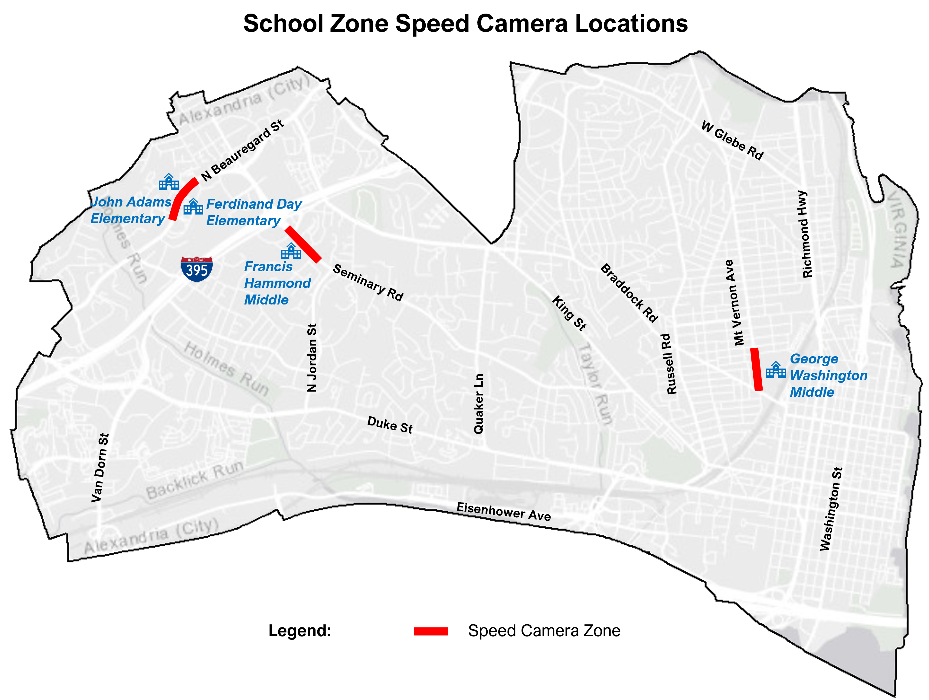 Map of school zone speed camera locations. Text above image details locations of the cameras. 