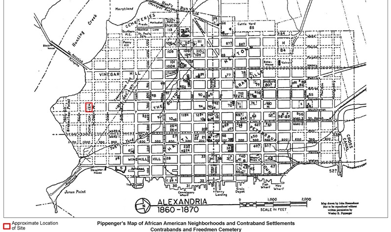 Map of Alexandria with Freedmens Cemetery marked in red