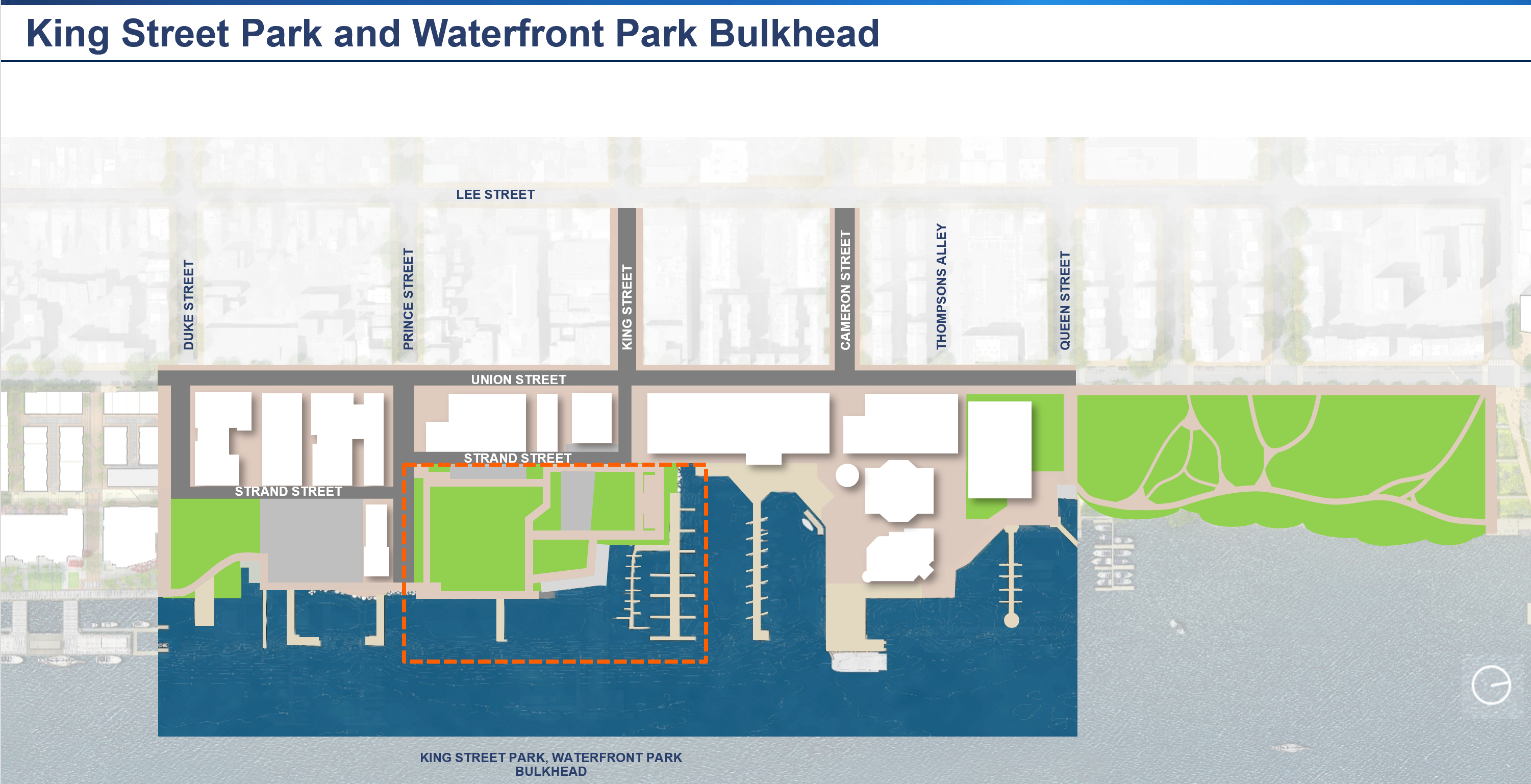 Rendering of Waterfront Project area showing location of King Street Park and Waterfront Park.