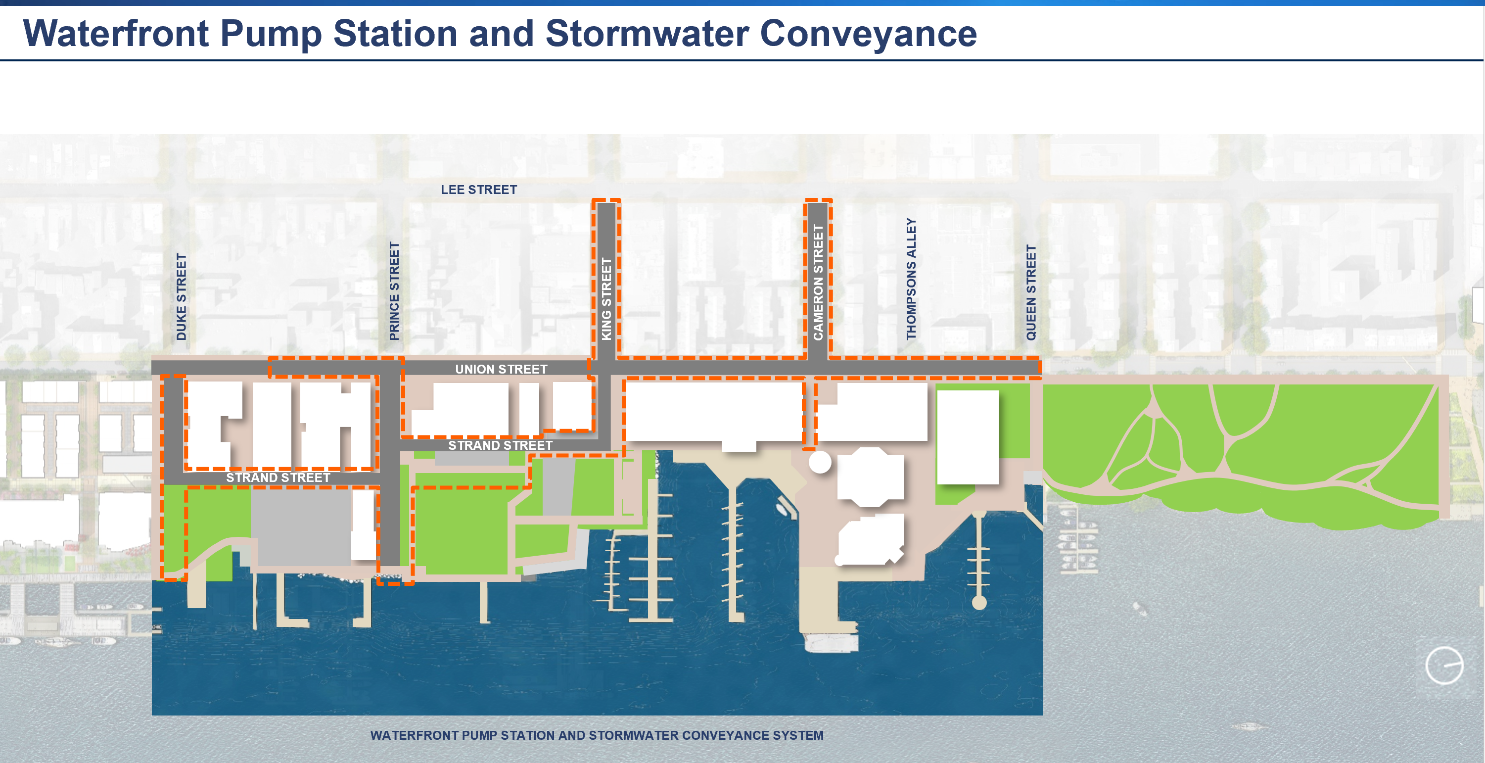 Rendering of Waterfront Project area showing location of a pump station and stormwater conveyance system