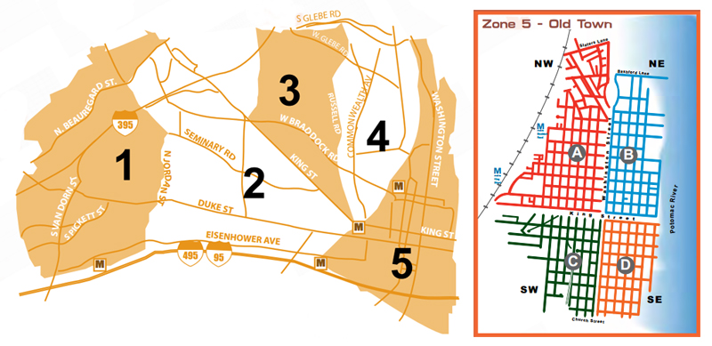 A map of the City of Alexandria divided into five zones ordered from west to east for leaf vacuuming scheduling, with an inset map of Old Town Alexandria divided into a further four subsections.