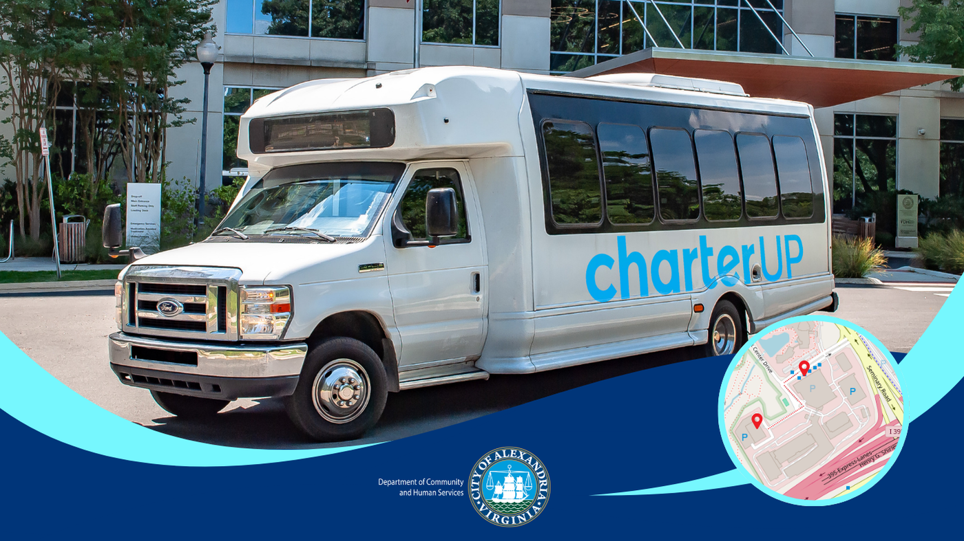 The CharterUP shuttle bus in front of the Del Pepper Community Center, with a small map of the immediate area overlaying it and indicating the locations of the shuttle stops.