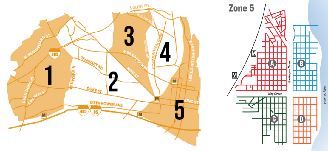 A citywide map of Alexandria displaying the five major leaf collection zones and the sub-zone map of Zone 5, which covers Old Town Alexandria.