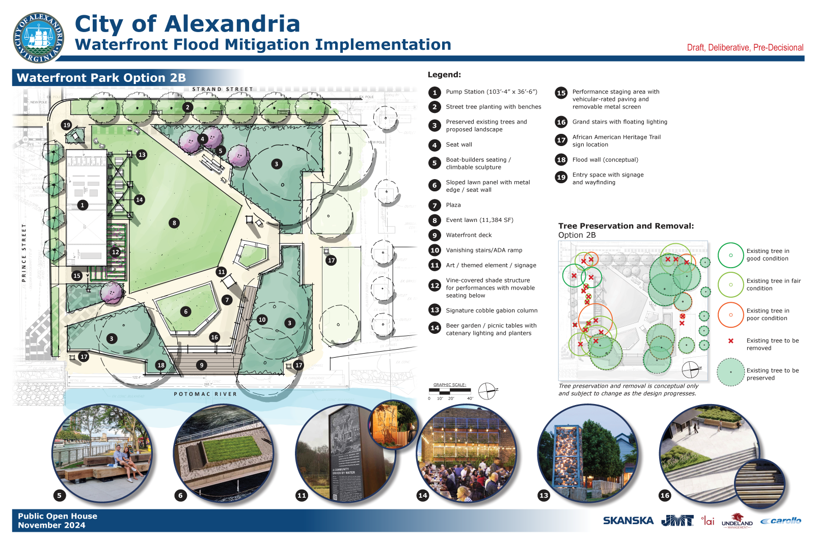 Rendering of Pump Station and Waterfront Park landscape design concept 2B.