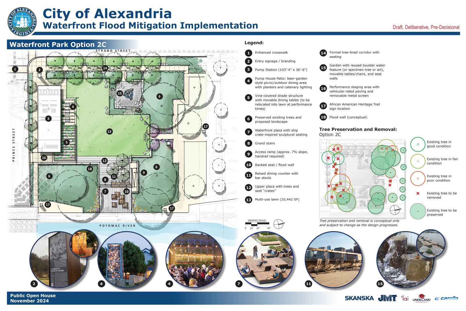 Rendering of Pump Station and Waterfront Park landscape design concept 2C.