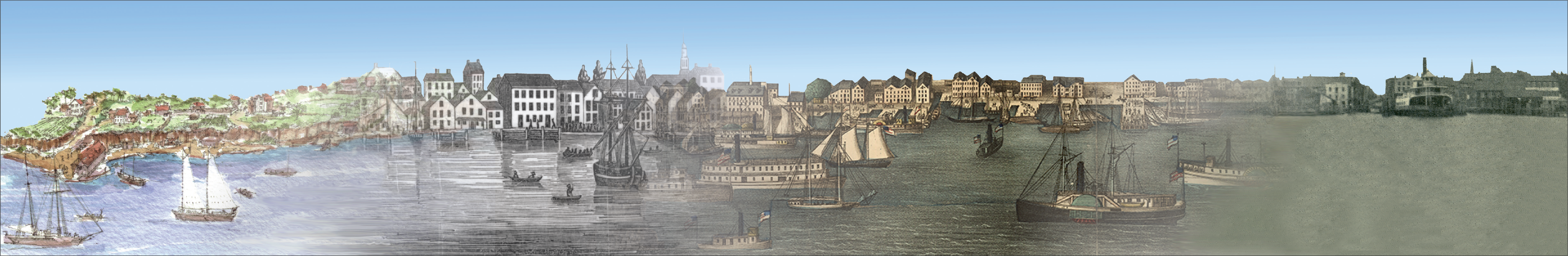 View of Alexandria from the waterfront, transitioning from the 18th century through to the 21st century.