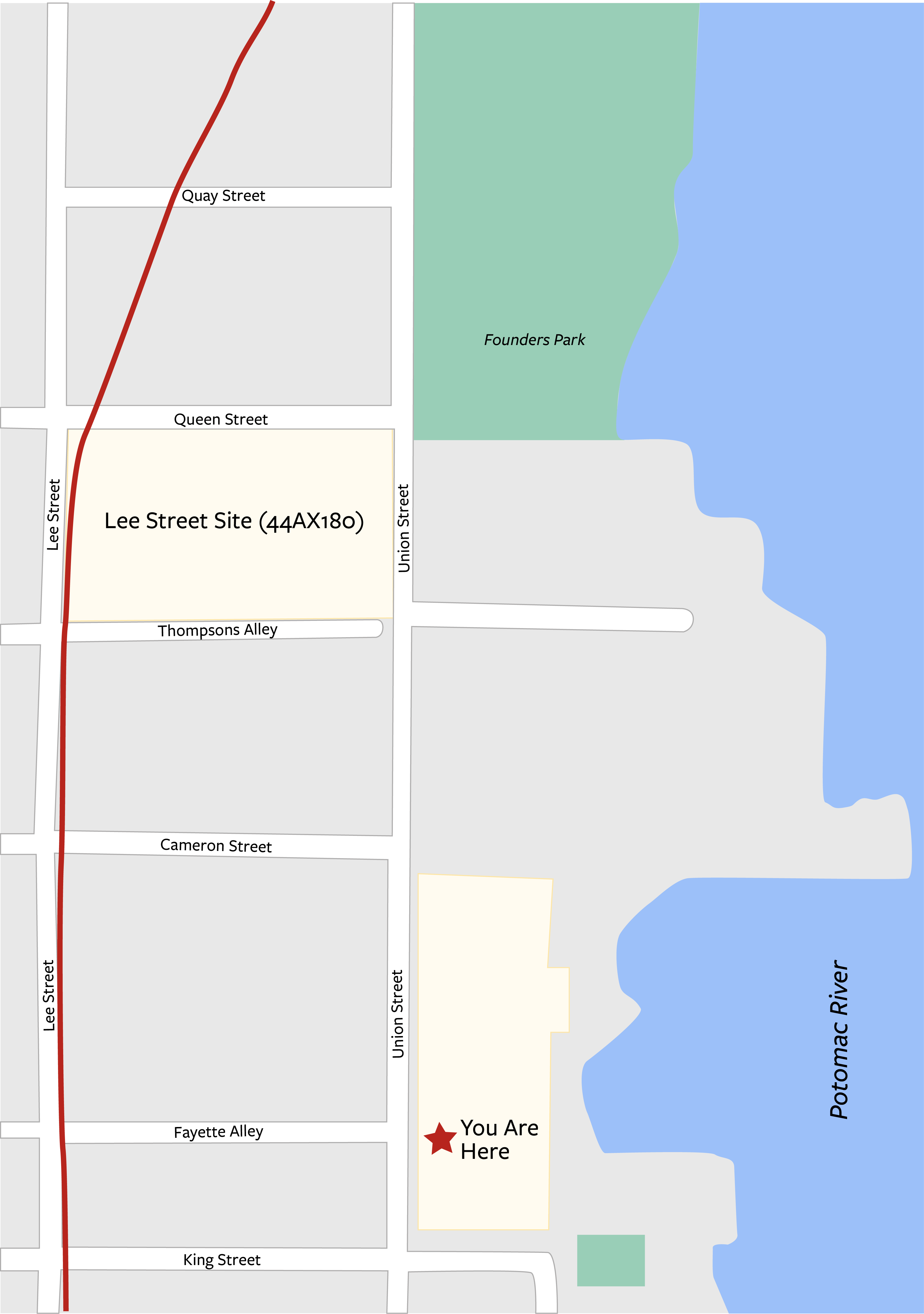 Map showing the location of the Lee Street Site in relation to the Alexandria Archaeology Museum.