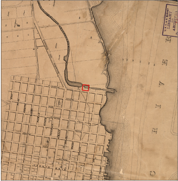 Ewing map with red square highlighting site of excavation