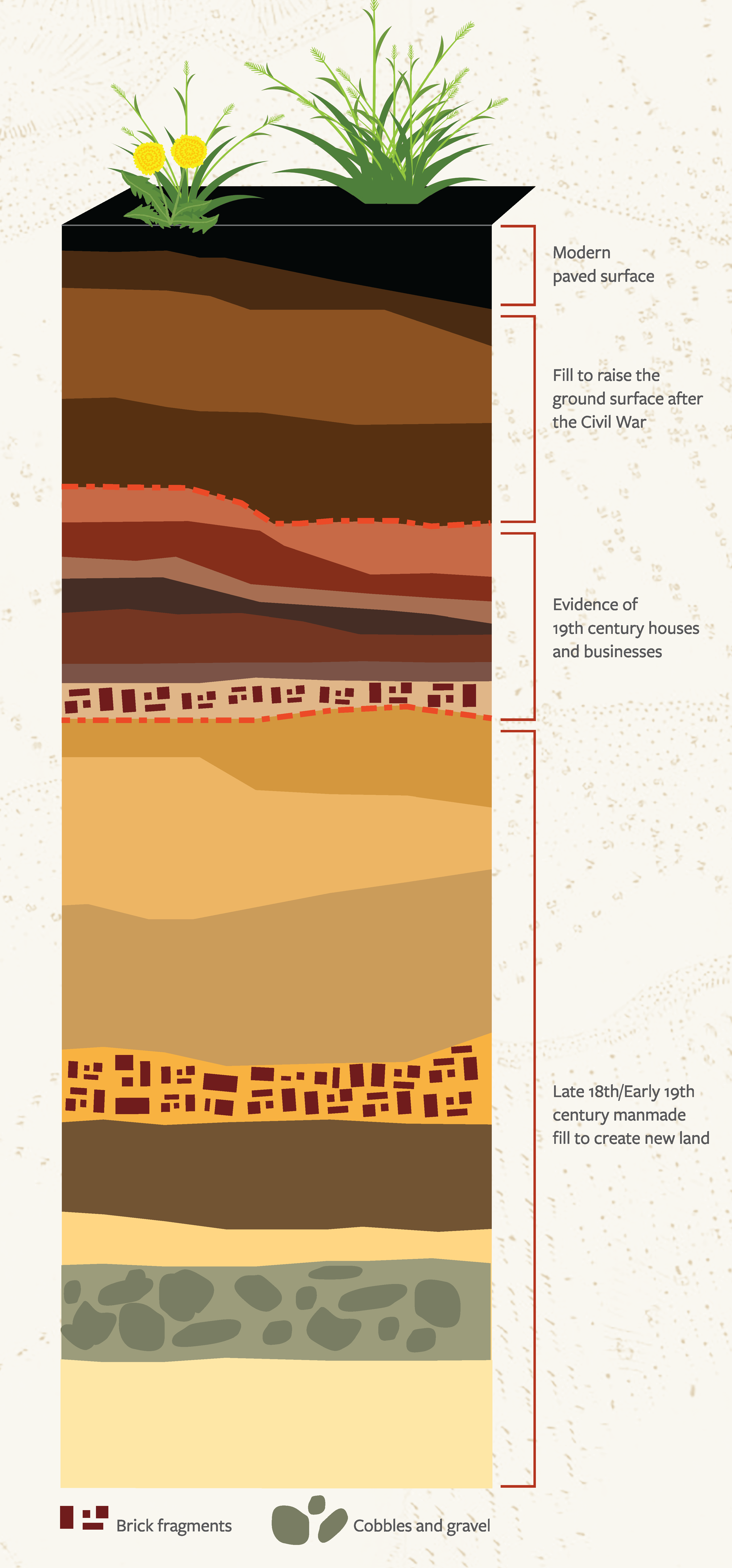 Layers of different soil colors and types