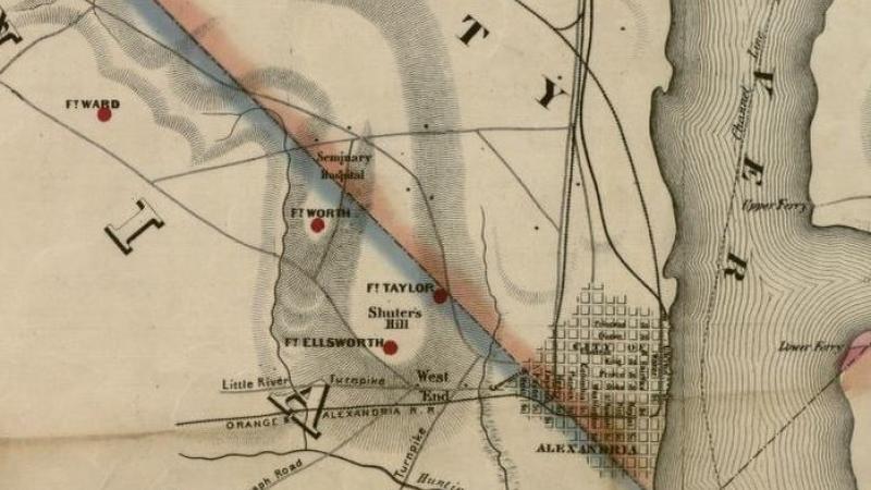 Alexandria section of Colton 1862 map, topographical map of the original District of Columbia and environs showing the fortifications around the city of Washington