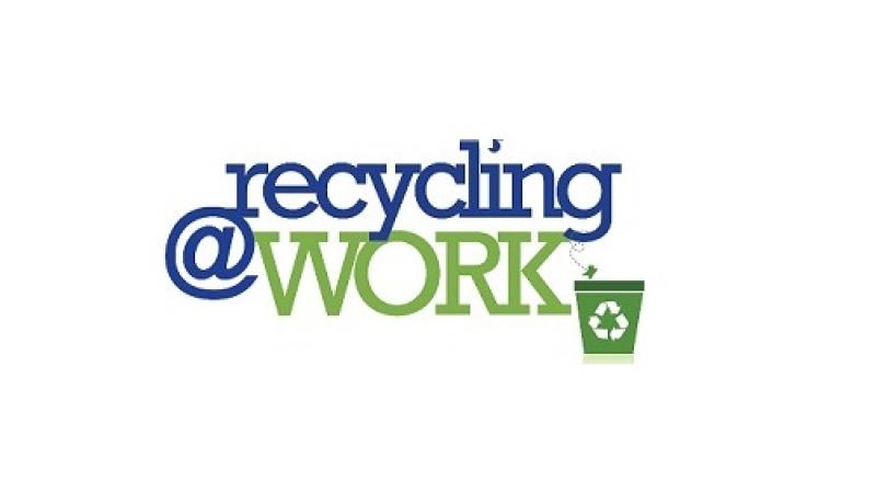 Logo that reads "Recycling @ Work" in blue and green font