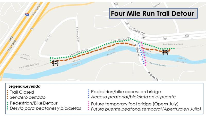 Map of the detour for the Four Mile Run Trail, due to ongoing work on the W. Glebe Road bridge