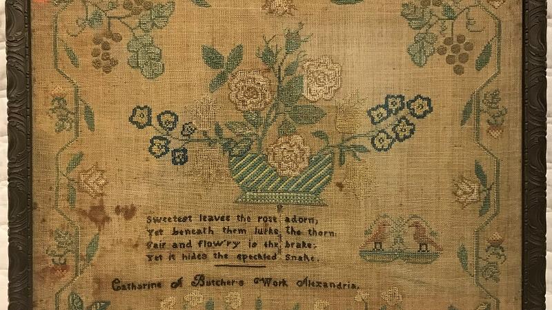 Lyceum needlework Sampler with basket of flowers, Catherine A Butcher