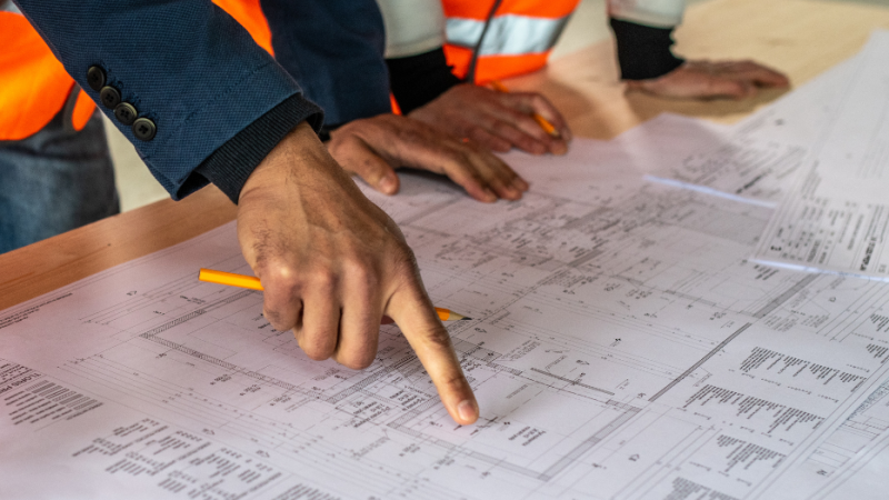 Photo of two people reviewing construction plans