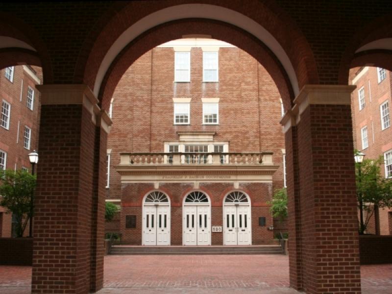 exterior of courthouse and view of courtyard