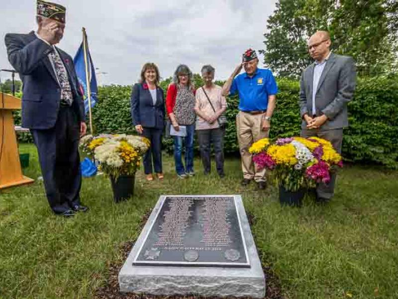 Veteran saluting the memorial plaque