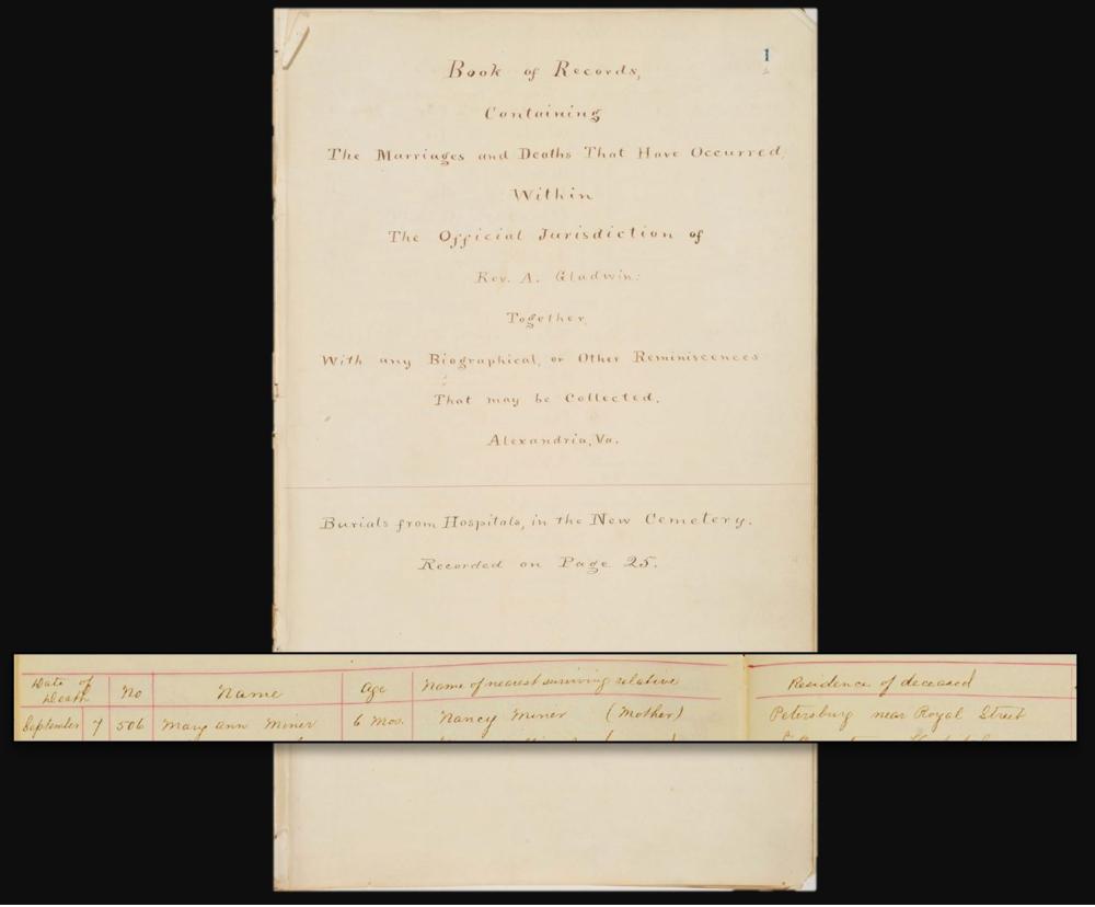 Title Page and detail from Record of Deaths and Burials Among the Freedmen in Alexandria, Virginia (The Gladwin Record), 1863-1869. (Courtesy, The Library of Virginia)