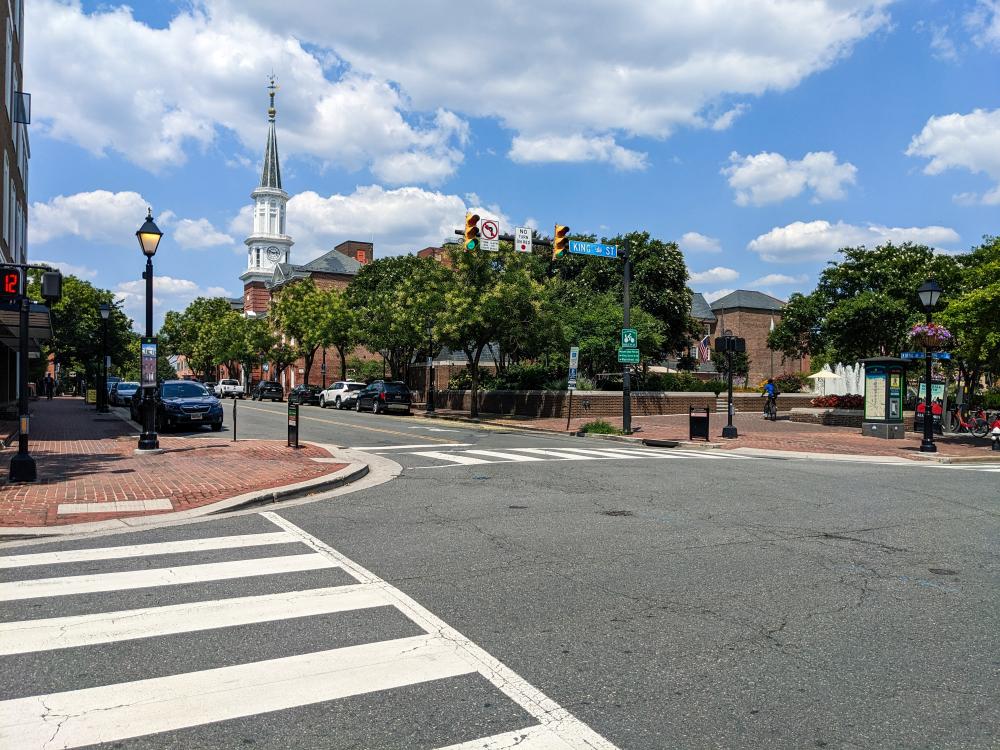 Curb extension and high-visibility crosswalk near City Hall and Market Square.