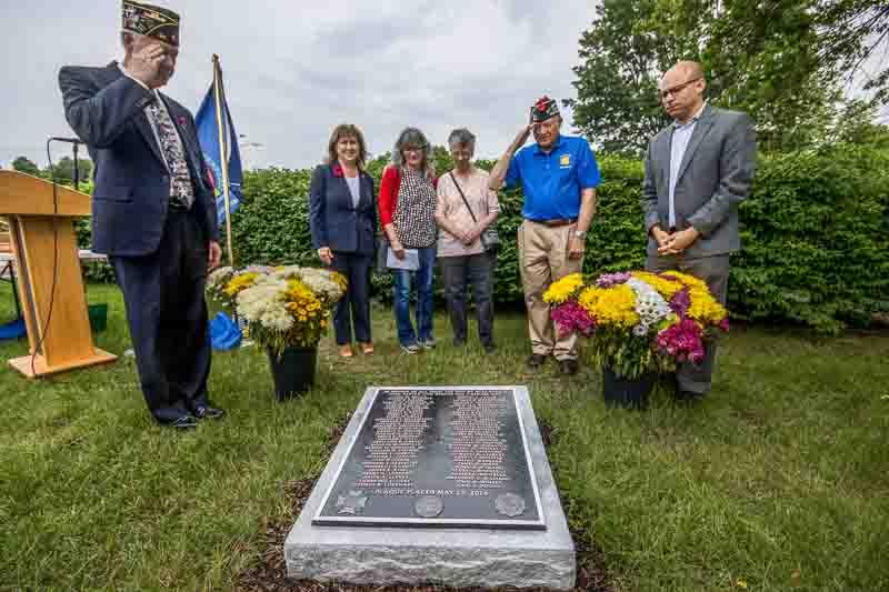 Veteran saluting the memorial plaque