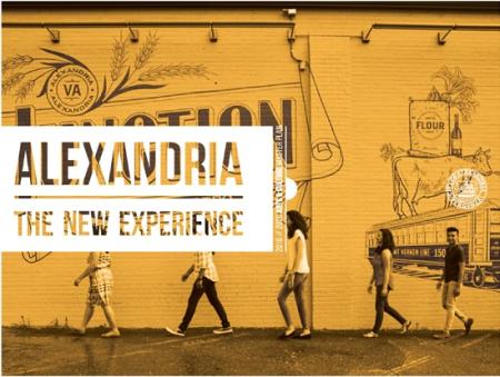 Cover image for Alexandria's Arts & Culture Master Plan. Five people walking in front of a mural. The image has a yellow overlay.