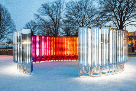 Animated image of white and colored lights flashing in Mirror Mirror, on view in Waterfront Park.