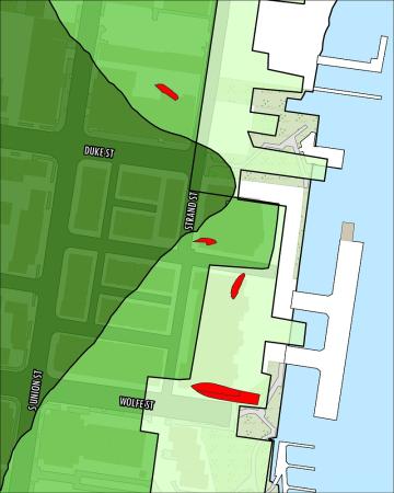 Three earlier shorelines and location of ships, on modern map.