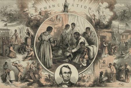 Poster with Lincoln and other images of slavery and emancipation