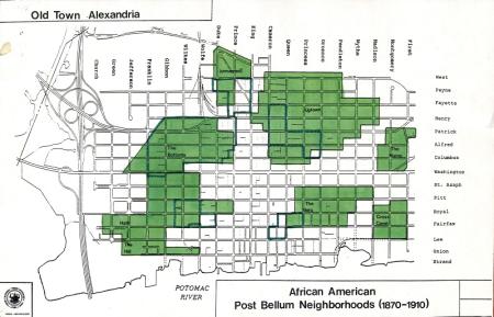 African American neighborhoods shown on green on a map of Alexandria