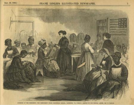 classroom with girls sewing, engraving