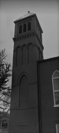 b/w close-up of bell tower