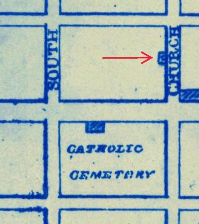 red arrow pointing to toolshed on NOAA map printed on blueprint