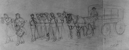 sketch of soldiers and horse-drawn hearse