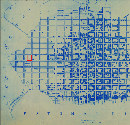 Map on blueprint paper with site of Freedmens Cemetery in red