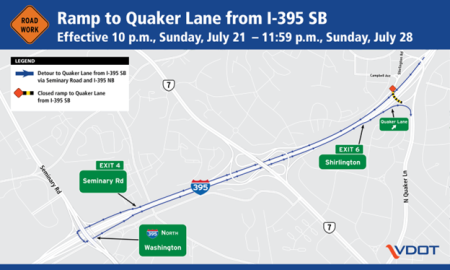 Road closure and detour map for roadwork on the Shirlington Circle south rotary bridge over I-395 from 10 pm Sunday, July 21 to 11:59 pm Sunday July 28