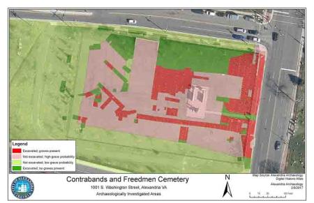 map of cemetery with pink, red and green areas