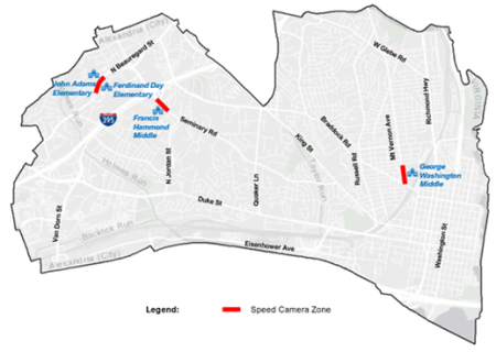 A map of the City of Alexandria showing speed camera enforcement zones on North Beauregard Street, Seminary Road, and Mount Vernon Avenue.