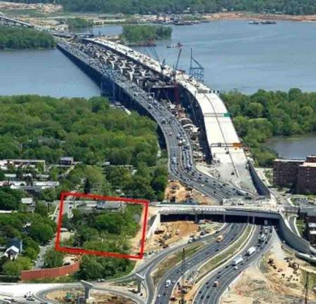 Wilson Bridge construcion project from the air, cemetery marked with red box