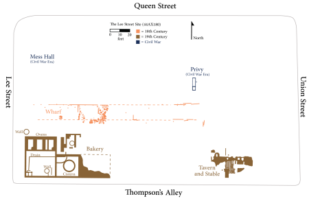 Simplified map of the Lee Street Site, showing the 18th century wharf