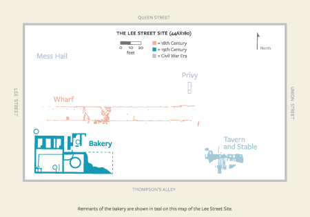 Map of the Lee Street Site (44AX180) showing the excavated bakery in the southwest corner of the site, near Lee Street and Thompson's Alley. 