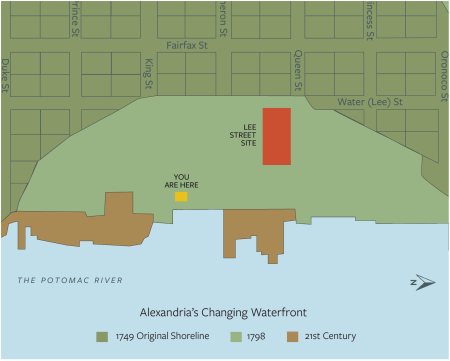 Map showing the 1749, 1798, and modern shoreline of Alexandria with the Lee Street Site highlighted