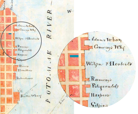 1804 map of Alexandria wharves with an inset showing the location of the Lee Street Site.