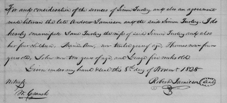 A handwritten manumission document signed by Robert Jamieson