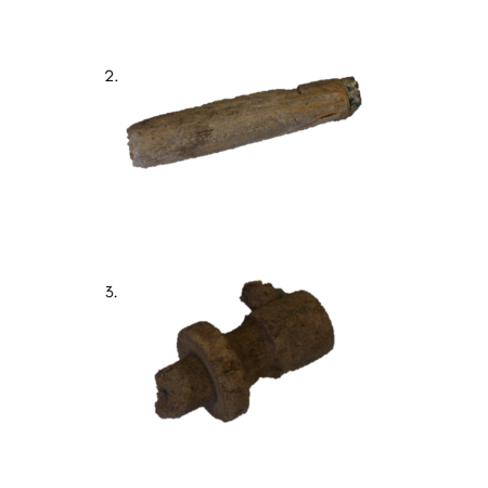 A cylindrical wooden tool handle (2) and a wooden barrel bung (3)