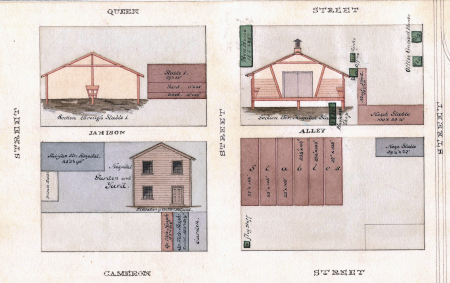 1865 map of the Lee Street Site block and an adjacent block, showing stables, offices, and hospital.