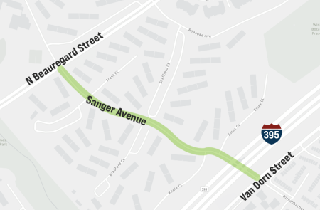 Map of Sanger Avenue between North Beauregard Street and Van Dorn Street, passing underneath I395.