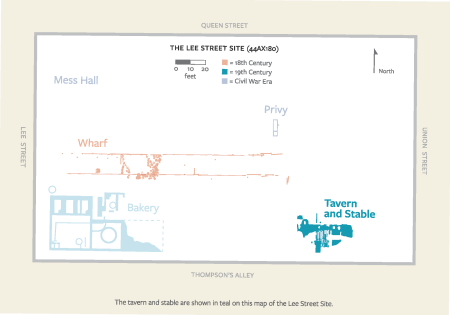 A stylized archaeological map of the Lee Street site, highlighting sections of an excavated tavern and stable.